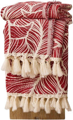 DOWN HOME Chenille Cotton Throw Blanket for Couch, Lightweight Boho Blanket for Bed Sofa Chair Living Room Outdoor Soft Woven Decorative Blanket with Tassel Gift Red Leaves 55"x60"