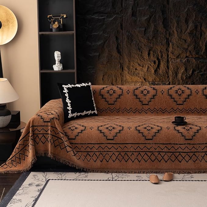 ROOMLIFE Brown Couch Cover 3 Cushion Sofa, Washable Non Slip Furniture Sofa Protector Cover, Soft Chenille Sofa Slipcovers Sectional L Shape Dogs Couch Cover Throw Blanket with Tassels 71''X118''