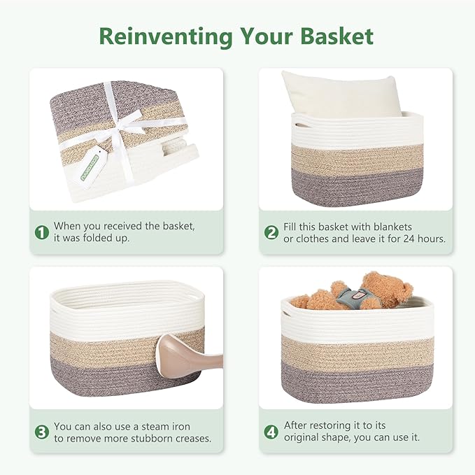 Cotton Rope Storage Basket, 15x10x9 Inches, Woven Basket for Shelves, Clothes, Towels, Books, and Laundry, White (3 Pack)