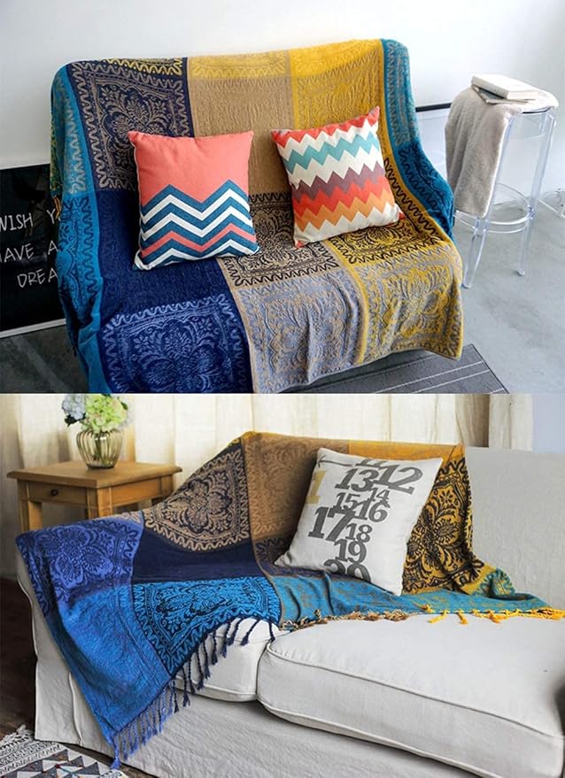 AIVIA Bohemian Throws Blanket, Chenille Woven Colorful Recliner Chair Couch Throw Futon Furniture Cover Sofa Slipcover Bed Blanket w/Boho Fringe - 87" x 103" Large Oversized, Teal Yellow
