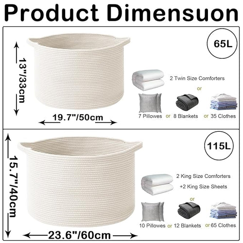 115L Large Blanket Basket,23.6" L x 23.6" W x 15.7" H Rope Woven Baskets with Handles, Toys Storage Bins,Laundry Basket Perfect for Living Room, Nursery,Bedroom,Home Organization,White