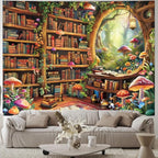 Lahasbja Blacklight Bookshelf Tapestry UV Reactive Magical Library Wall Hanging Fantasy Fairy Mushroom Forest Wall Tapestries Aesthetic Plants Bookcase Background for Bedroom