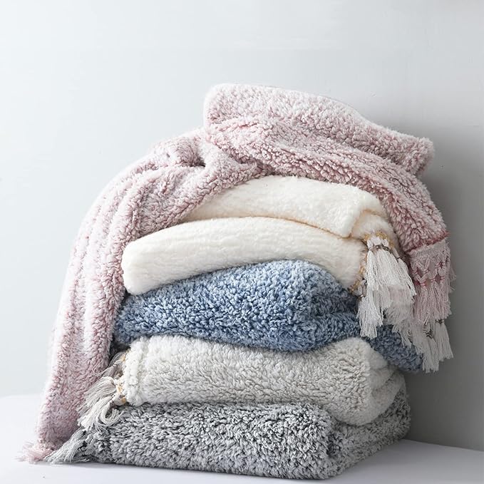 Ultra Soft Fleece Sherpa Blanket Queen Size,Lightweight Cozy Boho Bed Blanket with Decorative Tassel, Pattern Reversible, 2 Tones Ombre Black, 90”x90”
