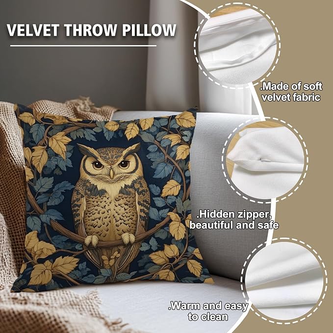 YOU FOUND ME William Morris Abstract Vintage Floral Velvet Owl Design Throw Pillow Covers Home Decor, Retro Art Decor Pillowcase Cushion Cover for Bed Sofa Living Room, Square 18x18inch (Owl)