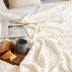 MIULEE Fleece Blanket Queen Size 90"x90" 300GSM Super Soft Lightweight Plush Striped Blanket, Cream White Warm Cozy Breathable Ribbed Full Size Throw for Bed/Sofa/Couch