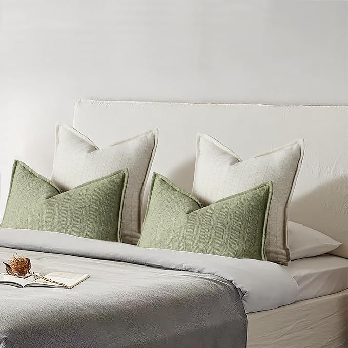 22x22 Linen Pillow Covers Beige Pack of 2 Farmhouse Boho Neutral Accents Striped Textured Square Decorative Throw Pillow Cases for Living Room Couch Bed Home Decor