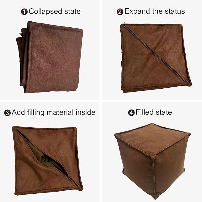Louis Donné Storage-Friendly Unstuffed Pouf Ottoman Cover Microfiber Foot Rest for Living Room, Bedroom, Coffee Nook, Soft Durable Square Bean Bag Cushion Replacement (Brown, Only Cover)