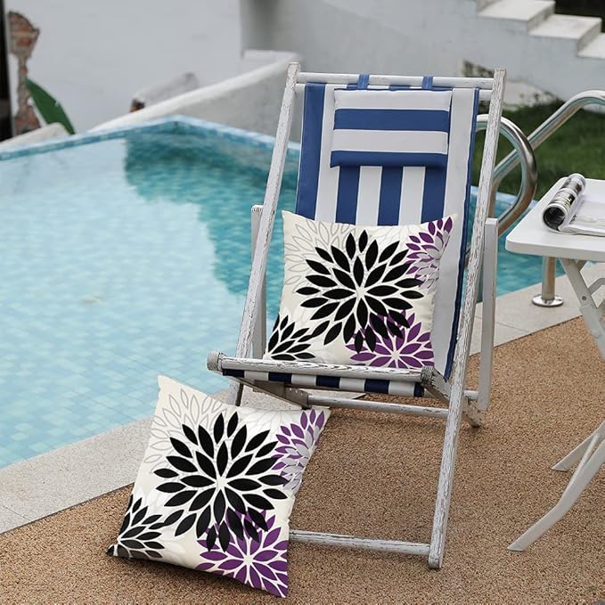 DFXSZ Black Purple Flower Pillow Covers 18x18 Inch Set of 2 Outdoor Throw Pillows Outdoor Waterproof Decor for Living Room Sofa Patio Funiture Garden Floral Polyester Pillow Covers 002Q18