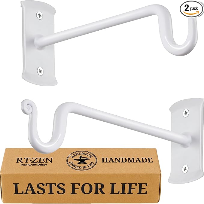 RTZEN Plant Hangers Outdoor or Indoor - Wrought Iron Metal Hanger Indoor Hook - Heavy Duty Wall Bracket Hooks for Hanging Plants Baskets Lanterns Wind Chimes - 2 Pack (White Shepherds Hooks 7.5")