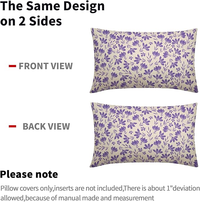 Purple Floral Pillow Covers 12x20 Set of 2 Vintage Rustic Old Style Cute Small Flower Cream Print Rectangle Decorative Outdoor Pillowcases Fall Farmhouse Throw Cushion Case Couch Sofa Bed Decor