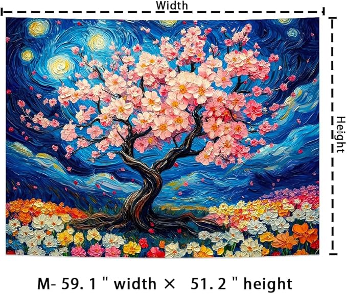 Amhokhui Starry Sky Tapestry Cherry Blossom Tree Tapestry Japanese Anime Tapestries Colorful Floral Flower Tapestries Aesthetic Art Fantasy Landscape Wall Hanging Decor for Home