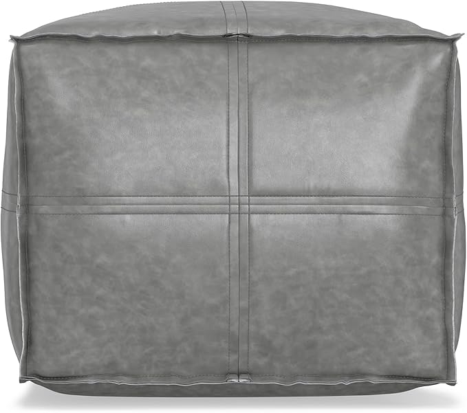 SIMPLIHOME Brody Square Pouf - 18 inch Wide Upholstered Vegan Leather Ottoman in Distressed Grey, Boho Footstool, Coffee Table or Extra Seating for Living Room or Bedroom, Assembled