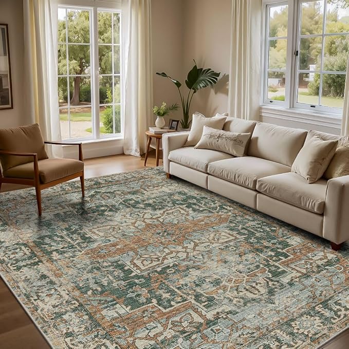 5x7 Area Rugs for Living Room Bedroom, Washable Rug, Green Vintage Retro Boho Rug, Non Slip & Low Pile Faux Wool Thin Carpet for Indoor Dining Room and Kids Room(Green/Brown 5x7ft)