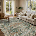 5x7 Area Rugs for Living Room Bedroom, Washable Rug, Green Vintage Retro Boho Rug, Non Slip & Low Pile Faux Wool Thin Carpet for Indoor Dining Room and Kids Room(Green/Brown 5x7ft)
