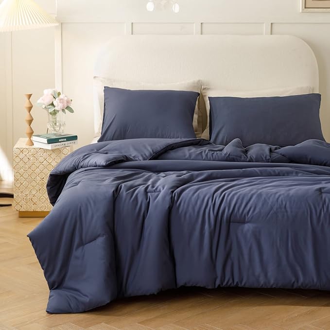 ROSGONIA Navy Blue Comforter Set Queen, 3pcs (1 Boho Blue Comforter & 2 Pillowcases) All Season Soft Bedding Lightweight Bedspread Blanket Quilt