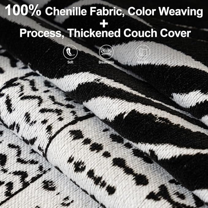 ROOMLIFE Boho Black Couch Covers for 3 Cushion Sofa, Chenille Couch Cover Sectional Sofa Cover for Dog, Washable Furniture Sofa Protector Cover Soft Blanket with Tassel for Living Room, 71 '' X 134''