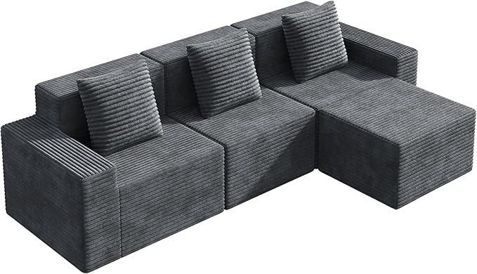 WLIVE 110'' Cloud Sectional Couches for Living Room, Modular Boneless Couch with Right Facing Chaise, L Shape Memory Foam Corduroy, with Ottoman, Grey
