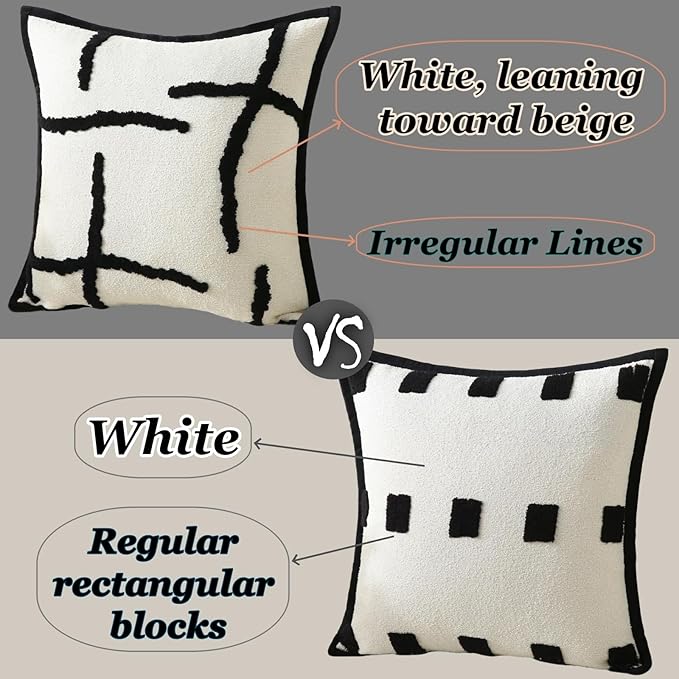 Boho Decorative Throw Pillows with Inserts, 18" x 18" Soft Tufted Modern Chenille Pillow, Pillows for Home, Patio, Couch, Bedroom, Living Room (Black Lines - Cream White Background)