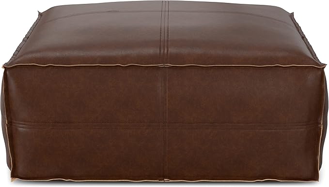 SIMPLIHOME Brody Large Square Coffee Table Pouf - 30 inch Wide Upholstered Vegan Leather Ottoman in Distressed Dark Brown, Boho Footstool, Coffee Table or Extra Seating for Living Room, Assembled