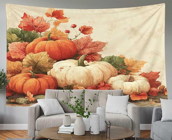 EMMTEEY Autumn Tapestry Pumpkins with Maple Ceiling Tapestry 92.5X70.9 Huge Wall Art for Bedroom Living Room Fall Backdrop