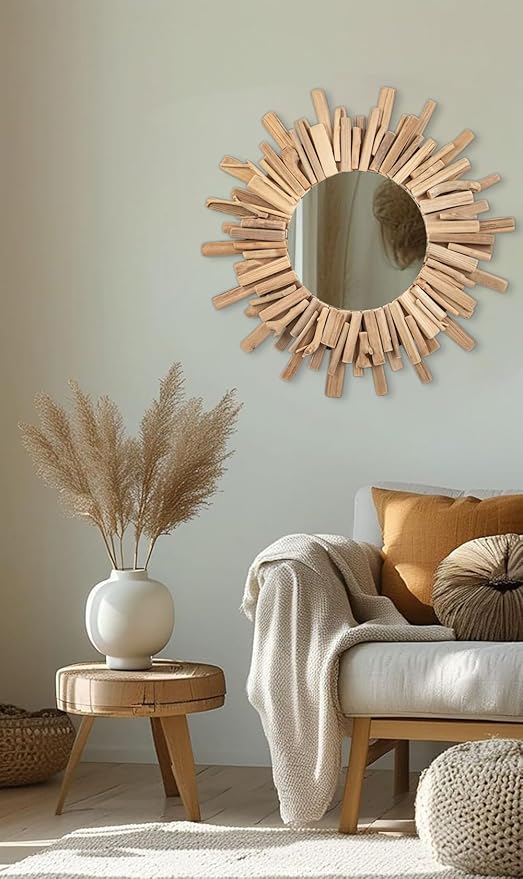 Rustic Driftwood Round Wall Mirror – Large Natural Wooden Frame Decorative Mirror for Farmhouse Coastal Boho Home Décor – 23" Sizes for Bathroom, Living Room, or Entryway