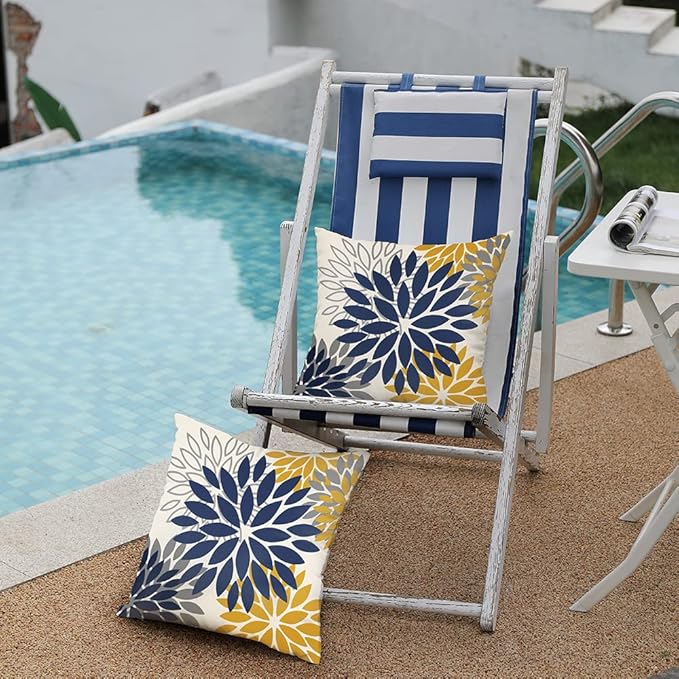 DFXSZ Blue Yellow Flower Pillow Covers 18x18 Inch Set of 2 Outdoor Throw Pillows Outdoor Waterproof Decor for Living Room Sofa Patio Funiture Garden Floral Polyester Pillow Covers 002Z18