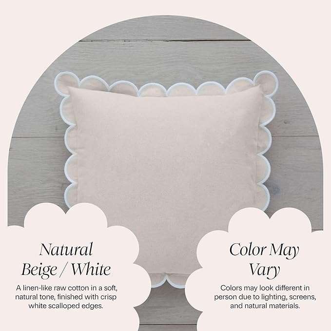BEBE BASK Scalloped Pillow Cover - Set of 2 - 18 x 18 Inch - Scallop Pillow Cover Natural/White/Beige - 100% Cotton - Grandmillennial Style