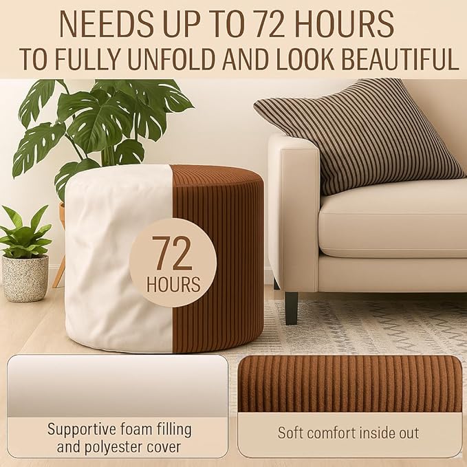 Round Pouf Ottoman and Foot Rest, Soft Corduroy Poufs with Sponge Chunk Filling, Comfort Sponge Stuffed Poofs for Couch Desk Resting Your Feet, Brown(17.1" D x 17.1" W x 14" H)