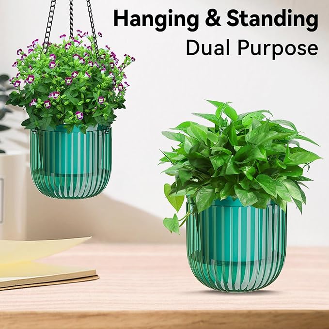 ZeeDix 3 Pack-6.5 Inch Hanging Planters for Indoor Plants, Self Watering Hanging Plant Pots with 3 Hooks and Drainage for Home, Wall, Window Decor Outdoor Use (Green, 6.5 inch)