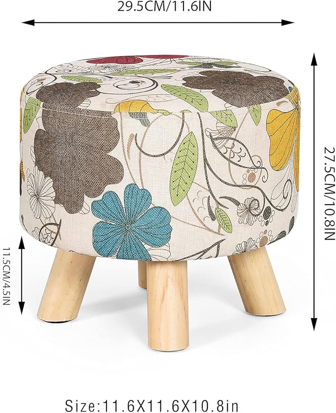 Asense 11-inch Round Ottoman Footstool,Small Padded Seat with Wood Legs,Foot Rest Stool for Living Room Bedroom Couch,Flower