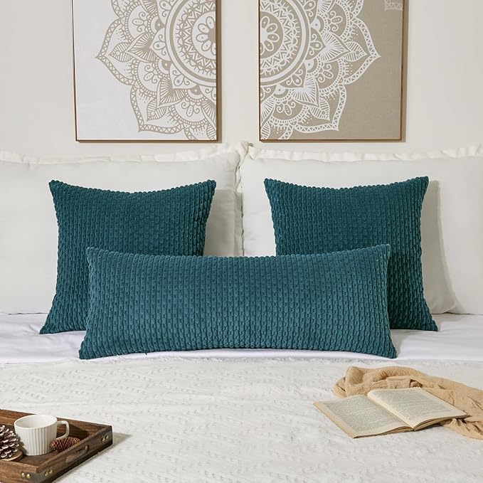 Kevin Textile 20x54 Inch Long Body Lumbar 1 Pack Boho Decorative Throw Pillow Cover Soft Striped Corduroy Rectangle Cushion Case Farmhouse Accent for Living Room Couch Sofa Bed, Teal Blue