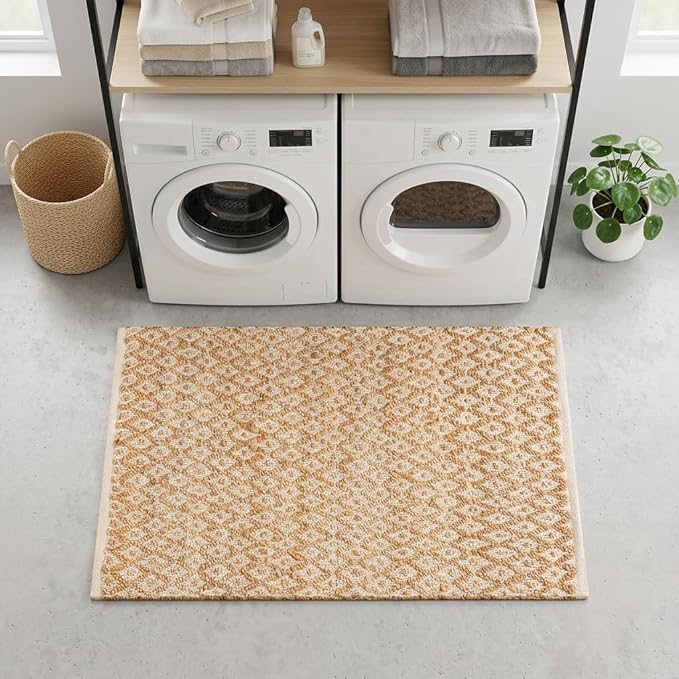 Jute Cotton Diamond Hand Woven Rug 2x3 Feet - Natural White, Farmhouse Oudoor Indoor Floor Carpet Rugs Ideal for Entryway, Kitchen, Nursary | Accent Reversible Beige Door Mat for Home Décor