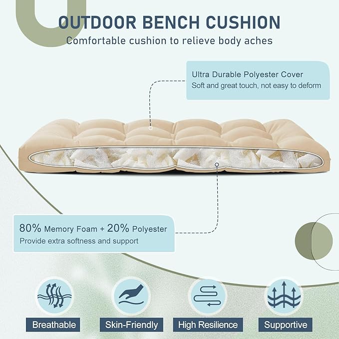 downluxe Outdoor Bench Cushion for Patio Furniture, Water Resistant Tufted Overstuffed Porch Swing Cushions, Thick Outdoor Loveseat Cushions, 48" X 18" X 5", Beige, Set of 1