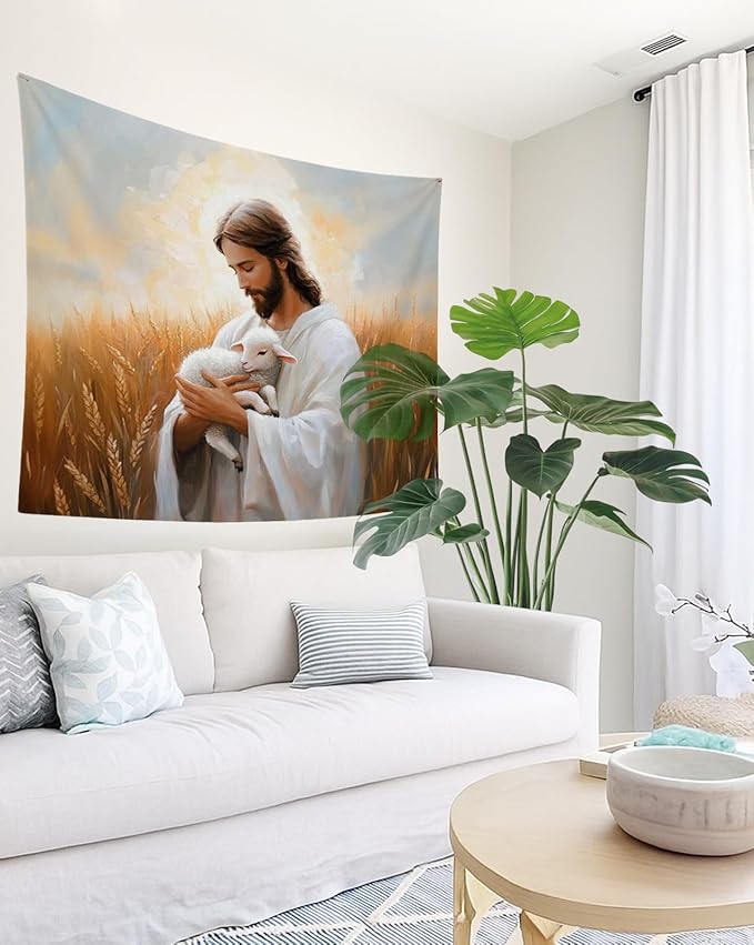 bitCNY Jesus Holding Lamb Tapestry 60x50 Inches – Christian Religious Wall Art, Good Shepherd Tapestry for Living Room Bedroom, Comforting Faith Decor