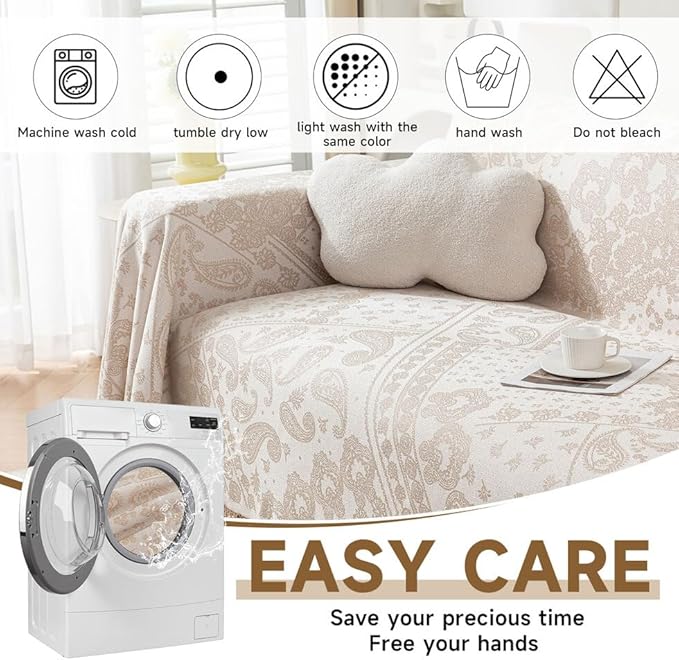 ROOMLIFE Beige Couch Covers for Sofa, Sofa Covers Washable Non Slip Furniture Protector Couch Sofa Covers for 3 Cushion Couch, Breathable Sofa Slipcovers Couch Cover Blanket with Tassels 71" X 118"