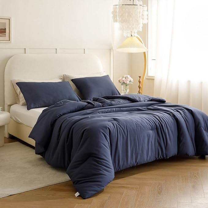 ROSGONIA Navy Blue Comforter Set Queen, 3pcs (1 Boho Blue Comforter & 2 Pillowcases) All Season Soft Bedding Lightweight Bedspread Blanket Quilt