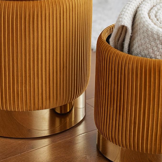 Round Ottoman with Storage Set of 2 Upholstered Velvet Vanity Stool for Living Room Storage Ottoman Multifunctional Foot Rest for Bedroom (Orange)