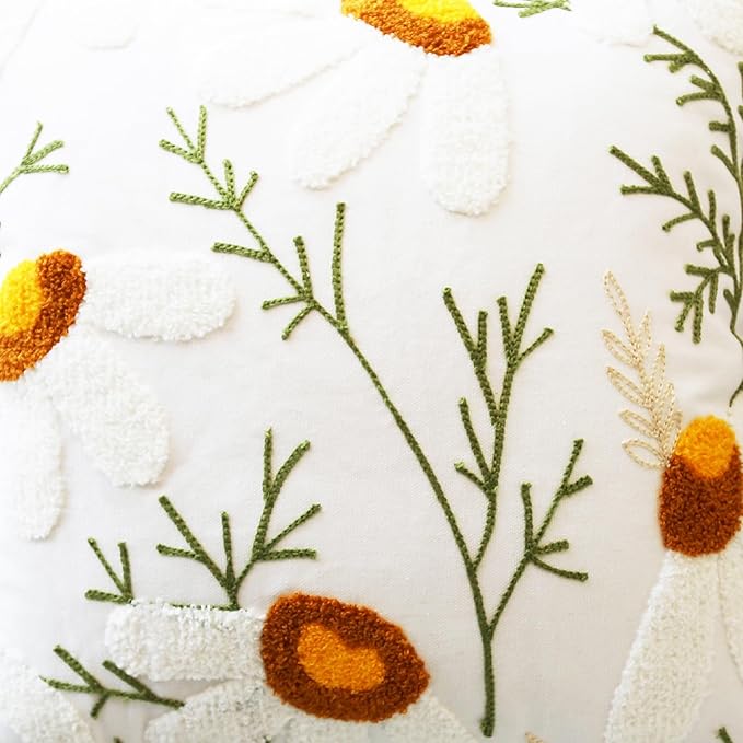2PCS Embroidered Throw Pillow Cover 18x18 Inch Boho Beige Daisy Floral Pillow Covers for Couch Sofa Cotton Linen Bohemian Tufted Pillow Covers White Flowers Botanical Pillowcase Covers