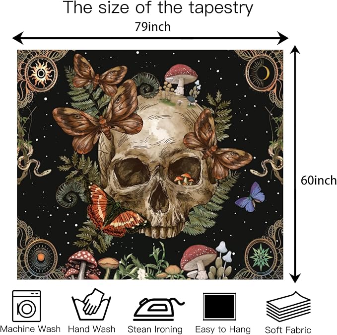 Avinyl Halloween Gothic Tapestry for Bedroom,Vintage Goth Skull Whichy Butterfly Floral Wall Tapestries, Skeleton Moth Mushrooms Poster Backdrop for Living Gaming Room Dorm Decor 60in X 79in
