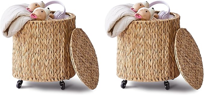 Wimarsbon 2Pcs Pouf Ottomans, Natural Seagrass Foot Stool, Hand Weaving Round Ottoman, Boho Decorative Seat, Jute Braided Pouffe Poof Accent Sitting Footrest (Storage Natural Water Hyacinth)