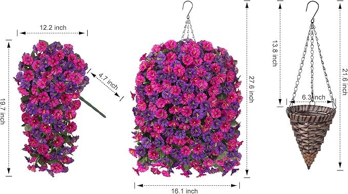 Artificial Fake Hanging Flowers in Basket for Outdoor Indoor Decoration,UV Resistant Faux Silk Dark Purple and Fuchsia Morning Glory Plants Realistic Hanging Planter for Outside Home Porch Yard