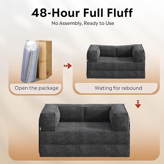 WLIVE 60'' Futon Sofa Bed, Convertible Sleeper Sofa, Folding Pull Out Couch Boneless Mattress with Fixed Frame, Corduroy, with Storage Pocket, Grey