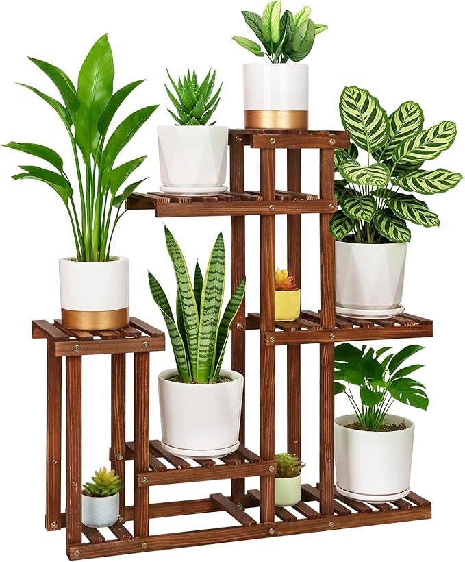 Carbonized Wood Plant Stand, 6-Tier Indoor Tiered Plant Shelves, Space-Saving Narrow Wood Plant Rack for Multiple Plants, Sturdy Flower Stand for Living Room/Balcony/Garden/Outdoor, Easy Assembly