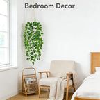 USLAI Fake Hanging Plant, Artificial Pothos Vines Greenery with Pot and Macrame Plant Hanger for Indoor Outdoor Boho Decor