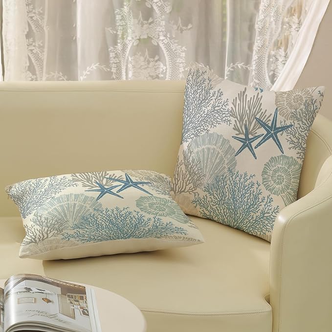 Nautical Coastal Pillow Covers 20x20 Set of 2 Blue Beach Themed Ocean Seashell Coral Starfish Throw Pillows Summer Outdoor Decorative Pillow Cases Linen Cushion Case for Home Bedroom Decor