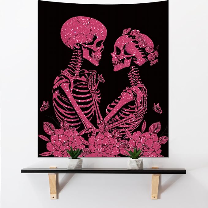 KJHL The Lovers Skull Tapestry Wall Hanging 48ʺ x 36ʺ Pink Halloween Gothic Vertical Skeleton Tapestries Aesthetic for Bedroom Living Room Decor
