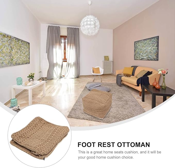 LIFKOME Footstool Square Pouf Ottoman Cotton Pouf Chair Handmade Woven Foot Stool Soft Knitted Cotton Linen Footrest Square Floor Cushion Tatami Seats Cushion for Living Room Ottoman Pouf