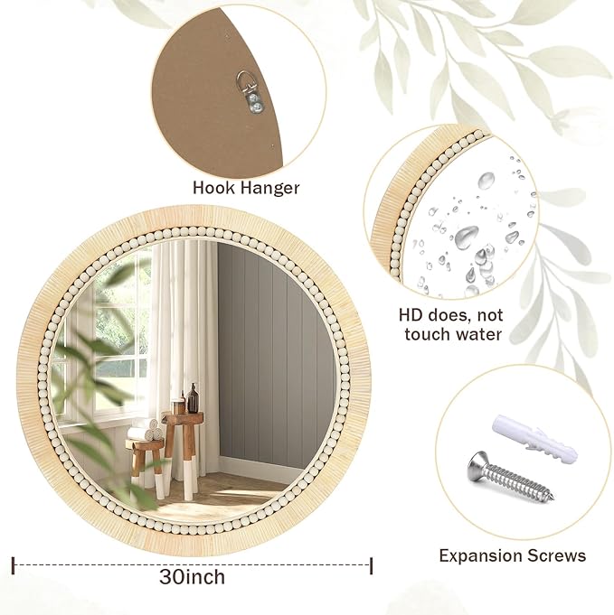 ULIKE Rattan Wicker Mirror for Bathroom, 30 Inch Boho Woven Decorative for Wall, Rustic Farmhouse Vanity Mirror, Round Rattan Mirrors for Living Room Entryway Bathroom Bedroom