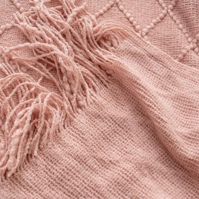 BATTILO HOME Blush Throw Blanket with Tassels, Pink Knit Blanket for Home Decor, Boho Style Textured Knitted Decorative Blanket for Couch, Sofa &Bed, 50"x60"
