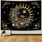 Racunbula Floral Plants Tapestry Sun and Moon Tapestry Retro Botanical Flowers Butterfly Tapestries Black Starry Sky Wall Art Vintage Boho Aesthetic Tapestries Wall Hanging for Bedroom